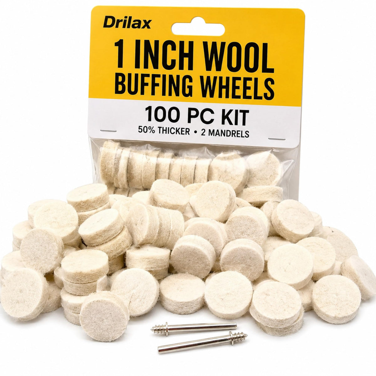 100 Drilax 1 inch wool buffing wheels with 2 mandrels