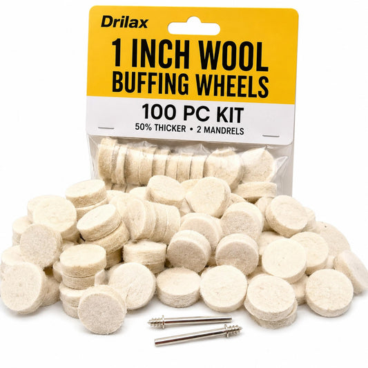 100 Drilax 1 inch wool buffing wheels with 2 mandrels