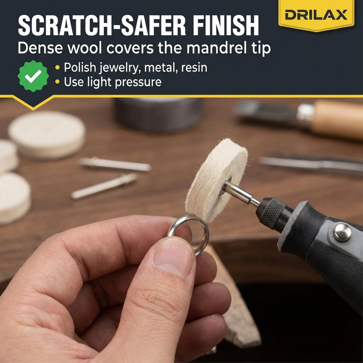 Dense wool covers the mandrel tip when polishing a ring
