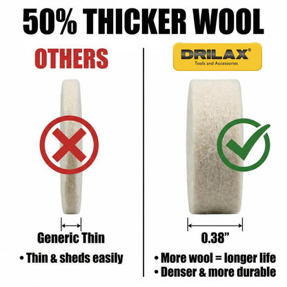 Wool buffing wheel 0.38 inch thick compared with a thin generic pad