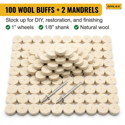 100 wool buffing wheels and 2 mandrels laid out