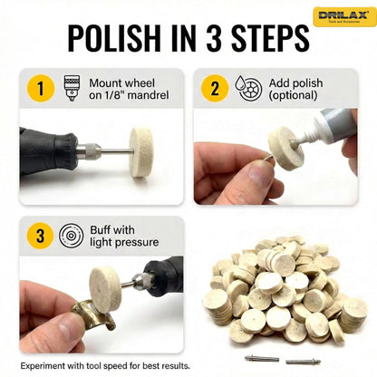 Polish in 3 steps: mount the wheel, add polish, buff with light pressure