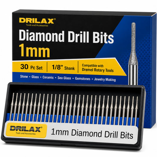 1mm diamond drill bits 30 pc – 1mm diamond drill bit set, 30 bits with 1/8 inch shank in organizer case with box