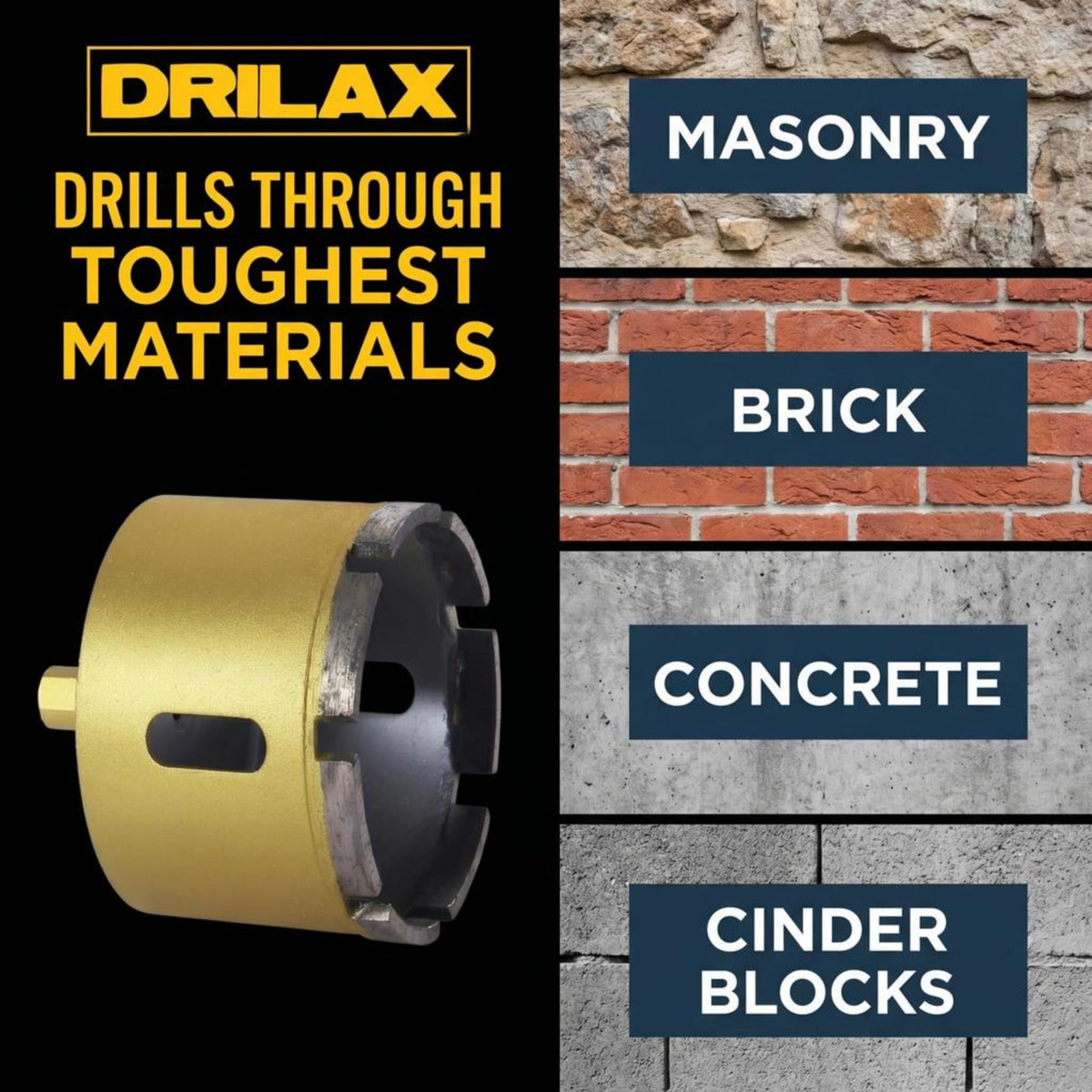 Diamond core bit drills masonry, brick, concrete and cinder blocks