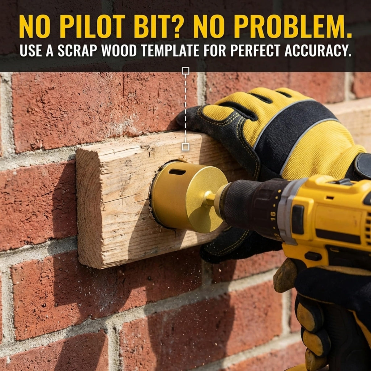 Using a scrap wood template to start a 2-1/2 inch core bit on a brick wall