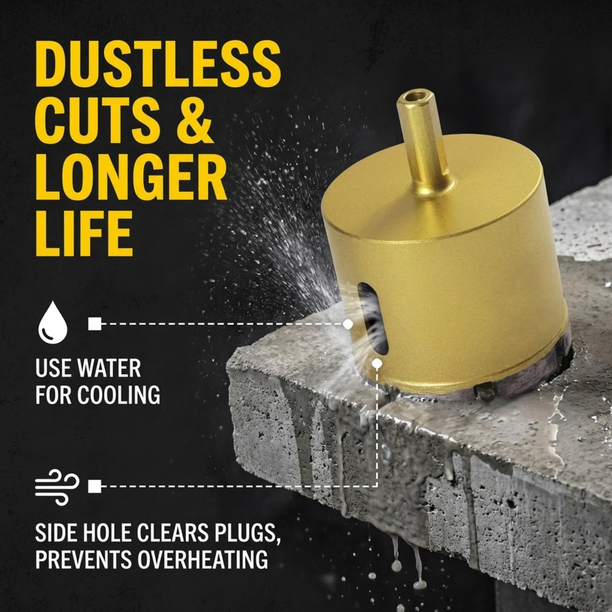 Use water for dustless cuts and longer life; side hole clears core plugs