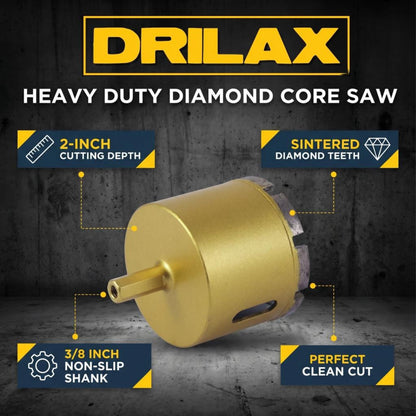 2-1/2 inch heavy duty diamond core saw features: 2 inch depth, sintered teeth, 3/8 inch non-slip shank