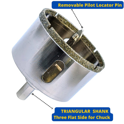 2-1/2 inch diamond hole saw showing the removable pilot locator pin and triangular shank