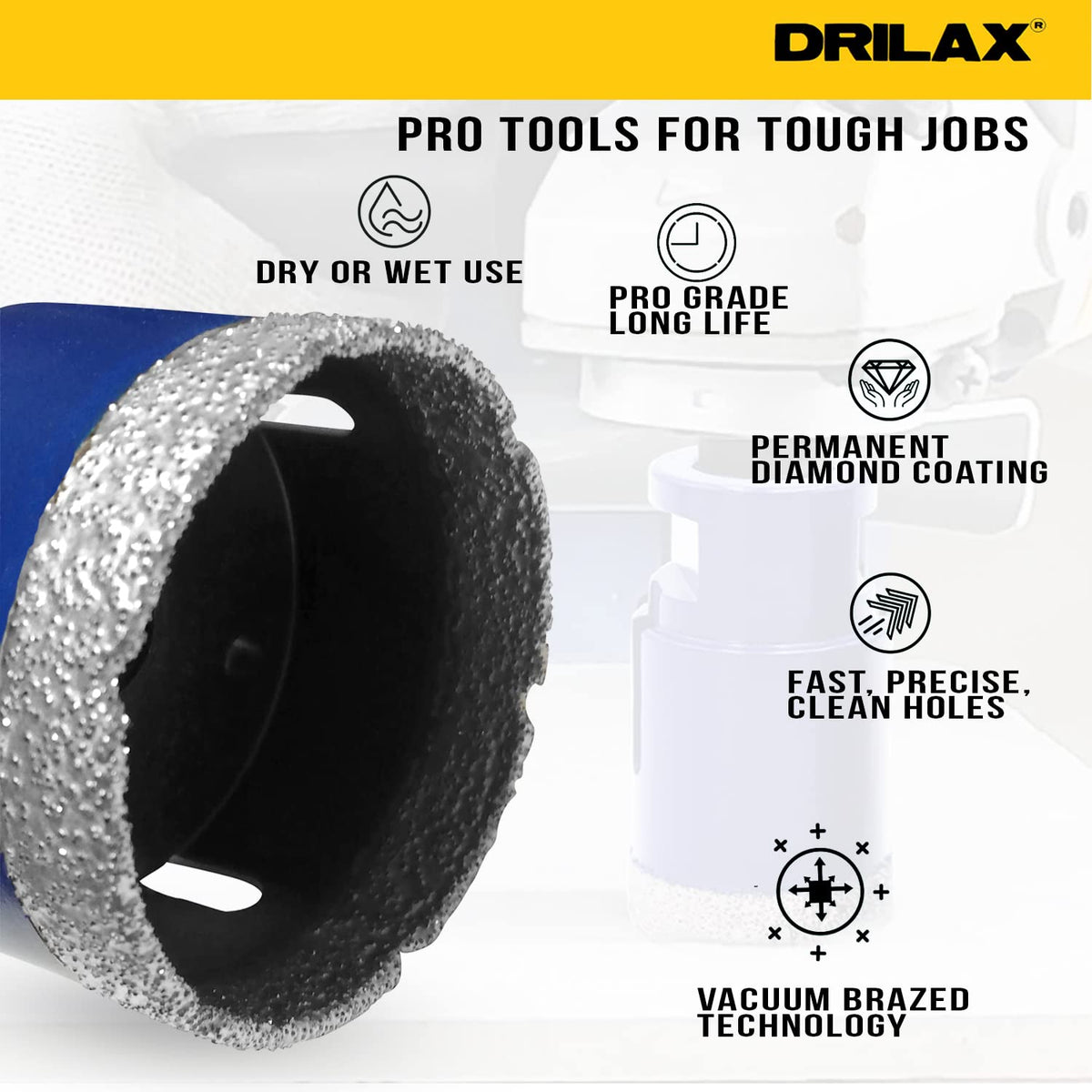 Pro tools for tough jobs: dry or wet use, pro grade long life, permanent diamond coating, vacuum brazed technology