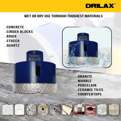 Wet or dry use through concrete, cinder blocks, brick, stucco, quartz, granite, marble, porcelain and ceramic tile