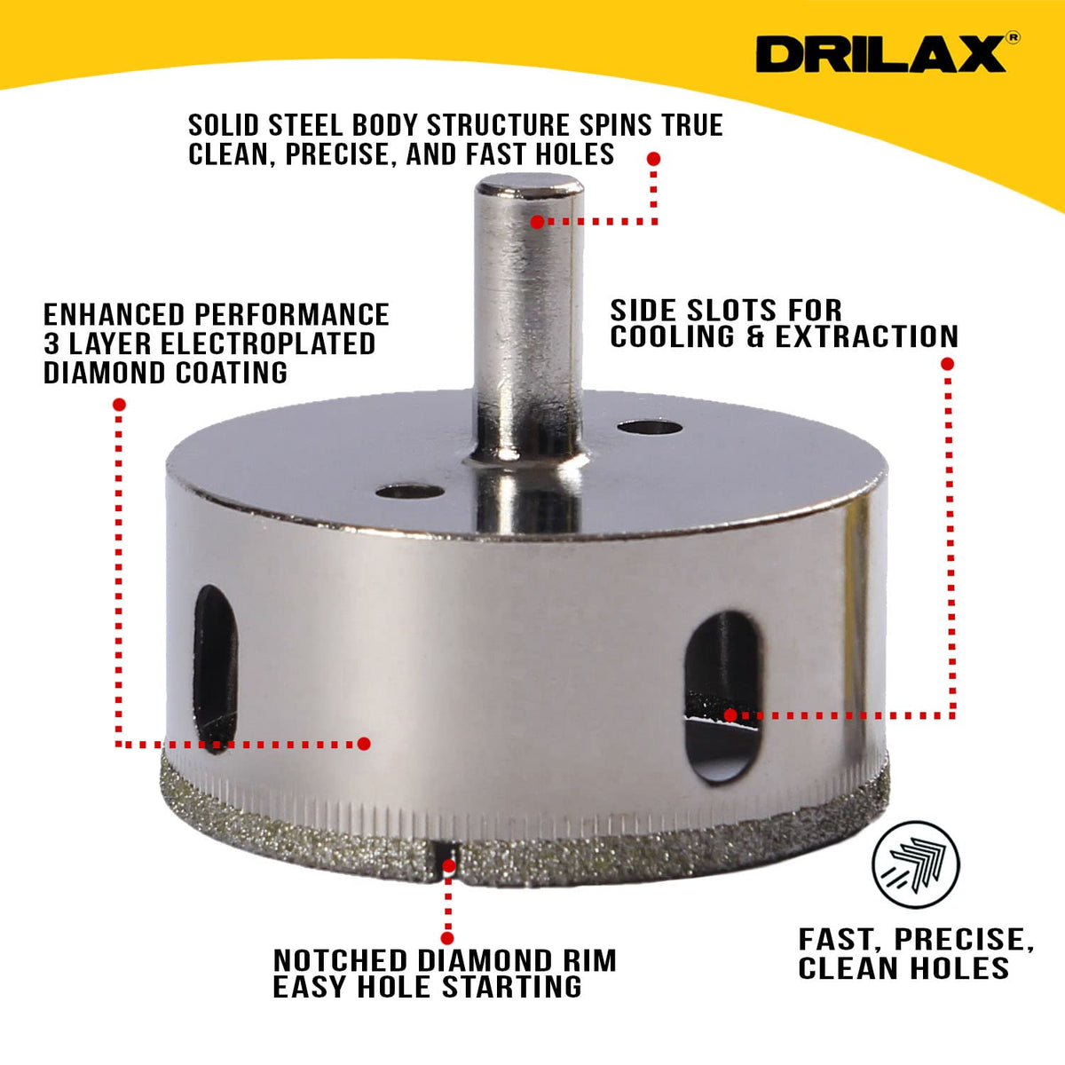 Solid steel body, 3 layer electroplated diamond, side slots and notched rim