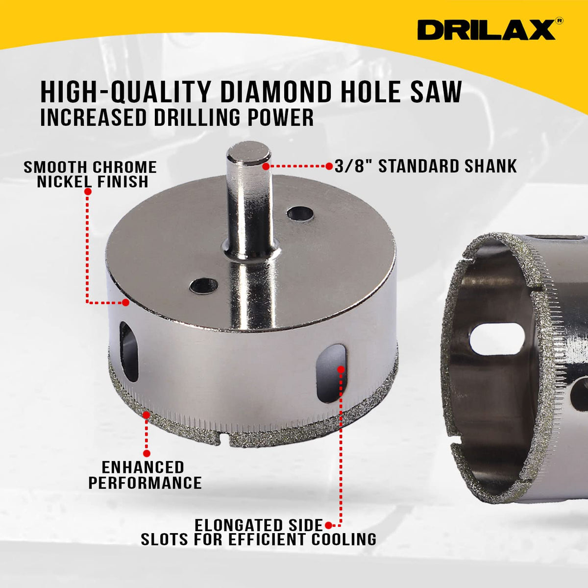 2-3/4 inch diamond hole saw features: 3/8 inch standard shank, chrome nickel finish, side cooling slots, triple-layer diamond