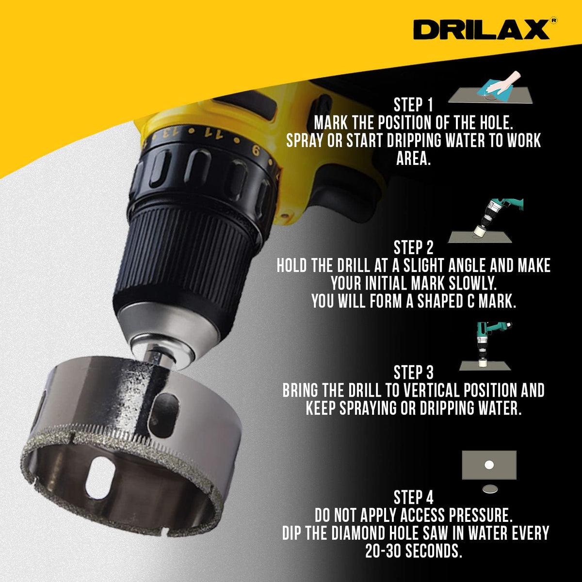 How to drill: mark the hole and add water, start at an angle, bring the drill vertical, light pressure