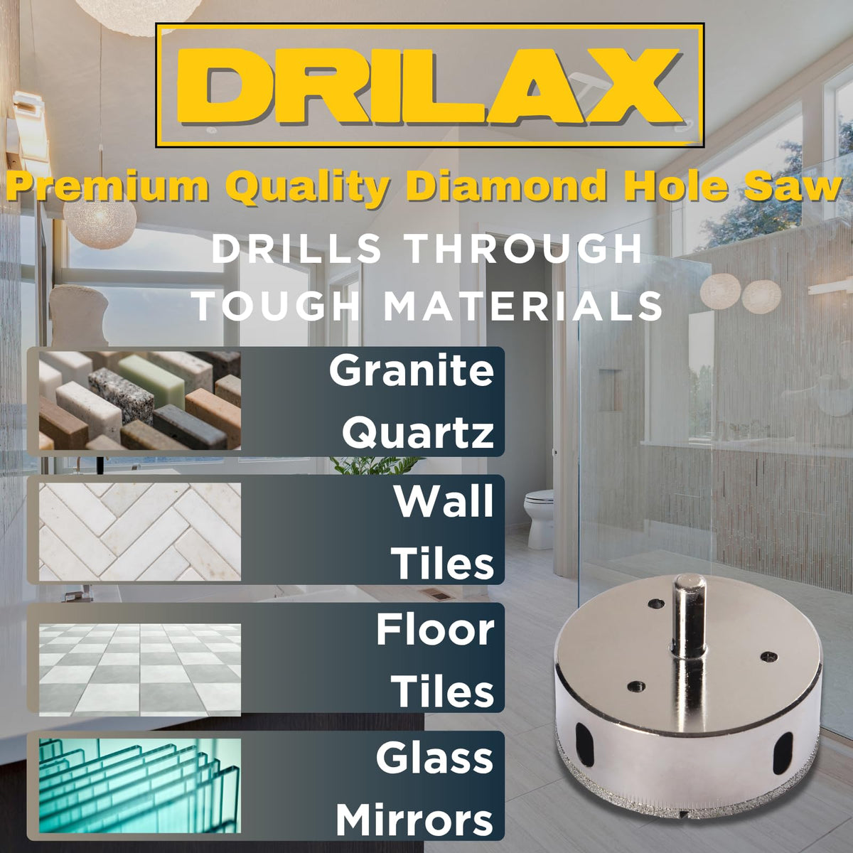 Drills granite, quartz, wall and floor tiles, glass and mirrors