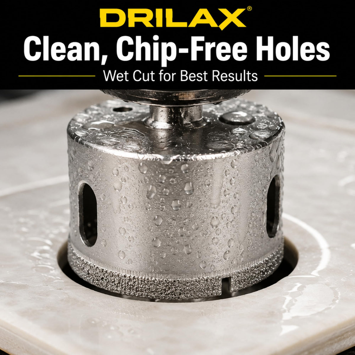 Clean, chip-free hole in tile, wet cut