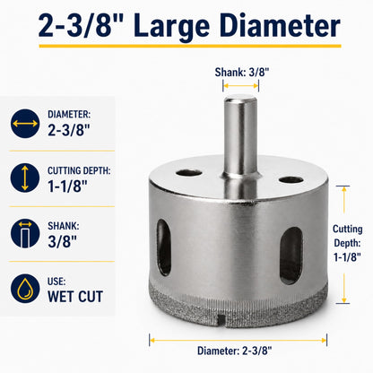 2-3/8 inch diameter, 1-1/8 inch cutting depth, 3/8 inch shank, wet cut