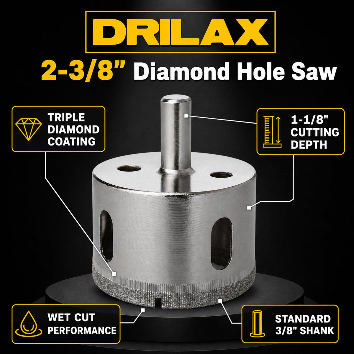 Triple diamond coating, 1-1/8 inch cutting depth, wet cut, standard 3/8 inch shank