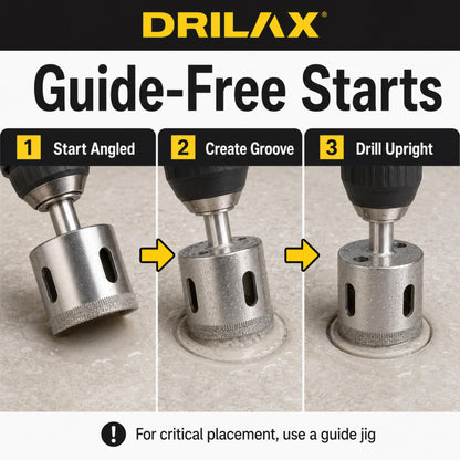 Guide-free starts: start angled, create a groove, drill upright