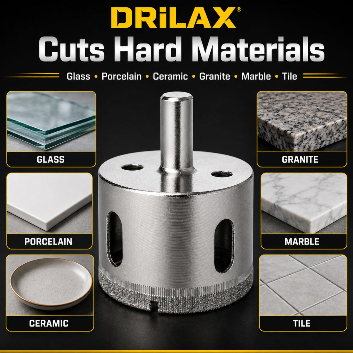 Cuts glass, granite, porcelain, marble, ceramic and tile