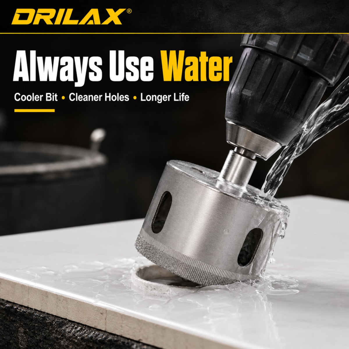 Always use water: cooler bit, cleaner holes, longer life