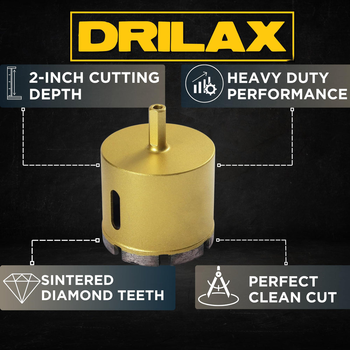 2-3/8 inch masonry hole saw features: 2 inch cutting depth, sintered diamond teeth