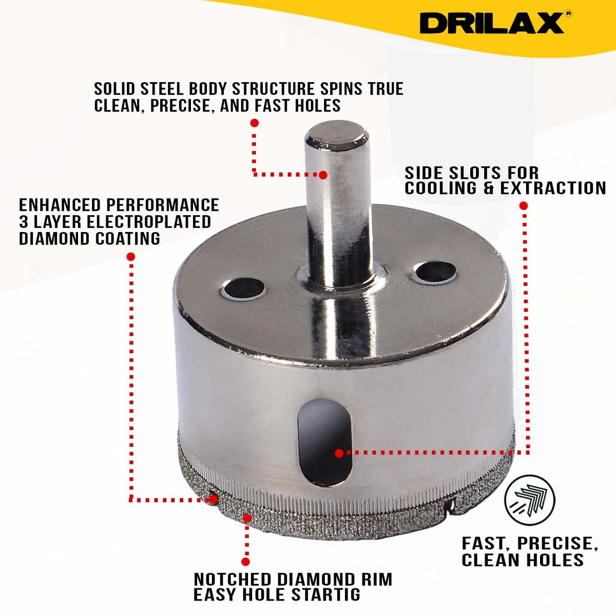 Solid steel body, 3 layer electroplated diamond, side slots and notched rim