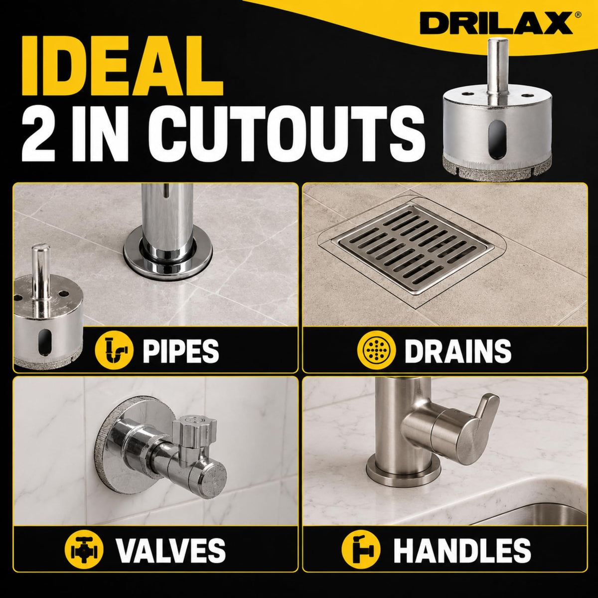 Ideal 2 inch cutouts for pipes, drains, valves and handles