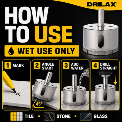 How to use: mark, angle start, add water, drill straight