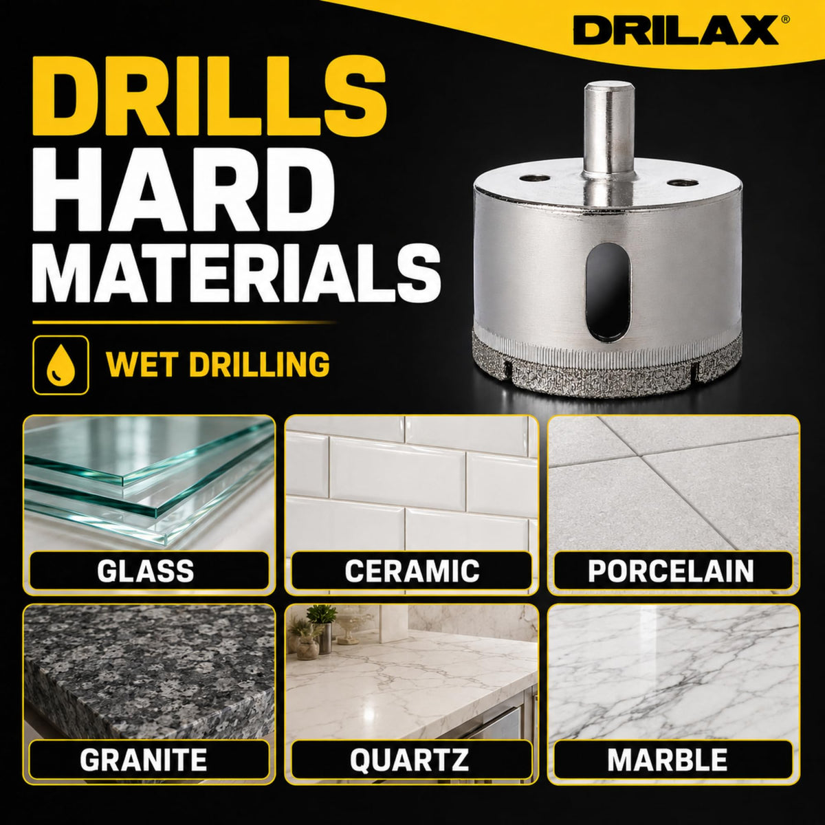 Drills glass, ceramic, porcelain, granite, quartz and marble