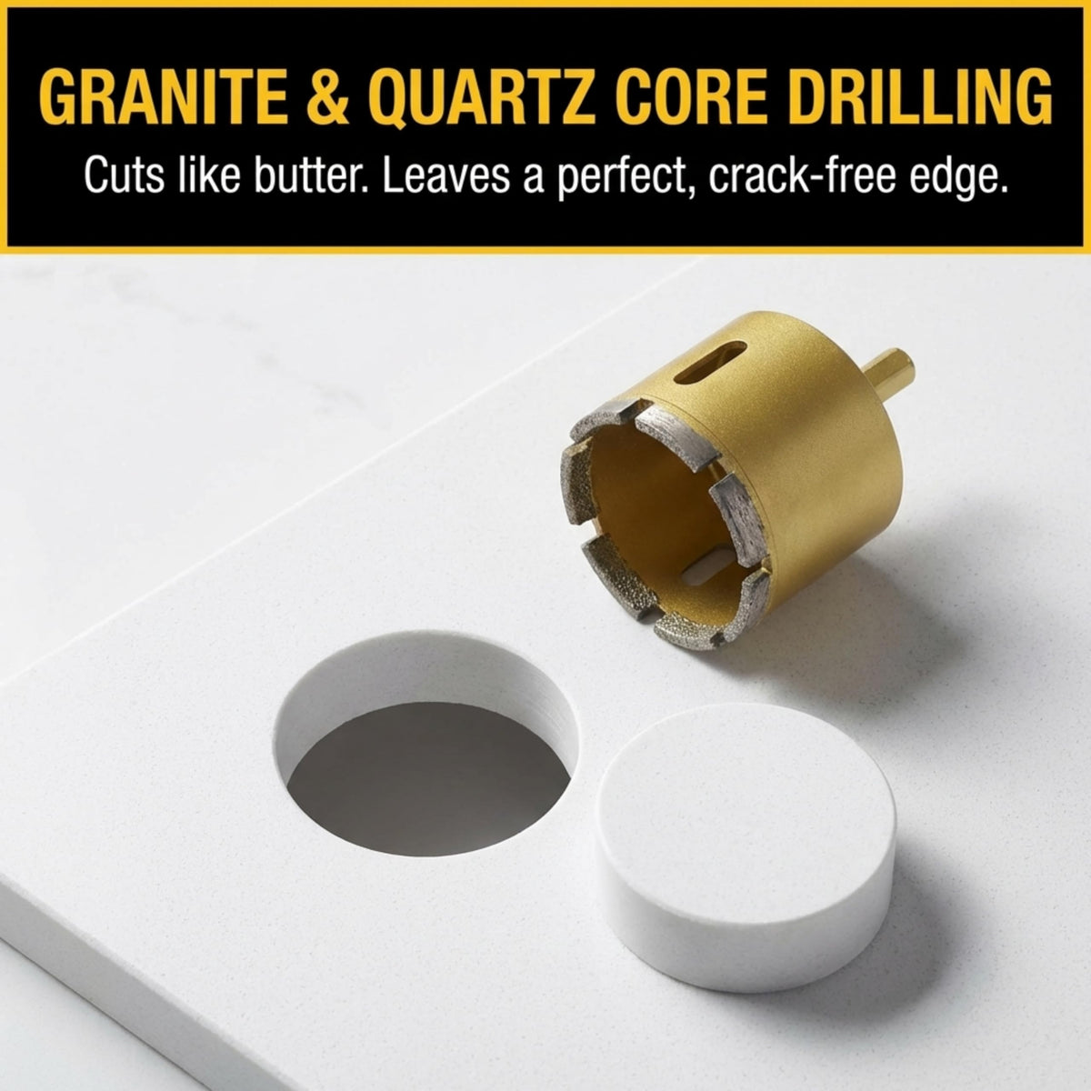 2 inch diamond core bit next to a clean hole cut in a granite and quartz countertop