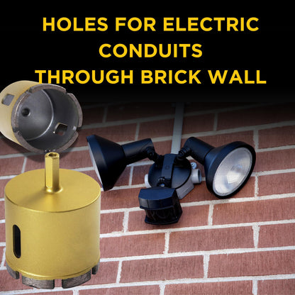 Diamond hole saw drilling a brick wall for an outdoor light electrical conduit