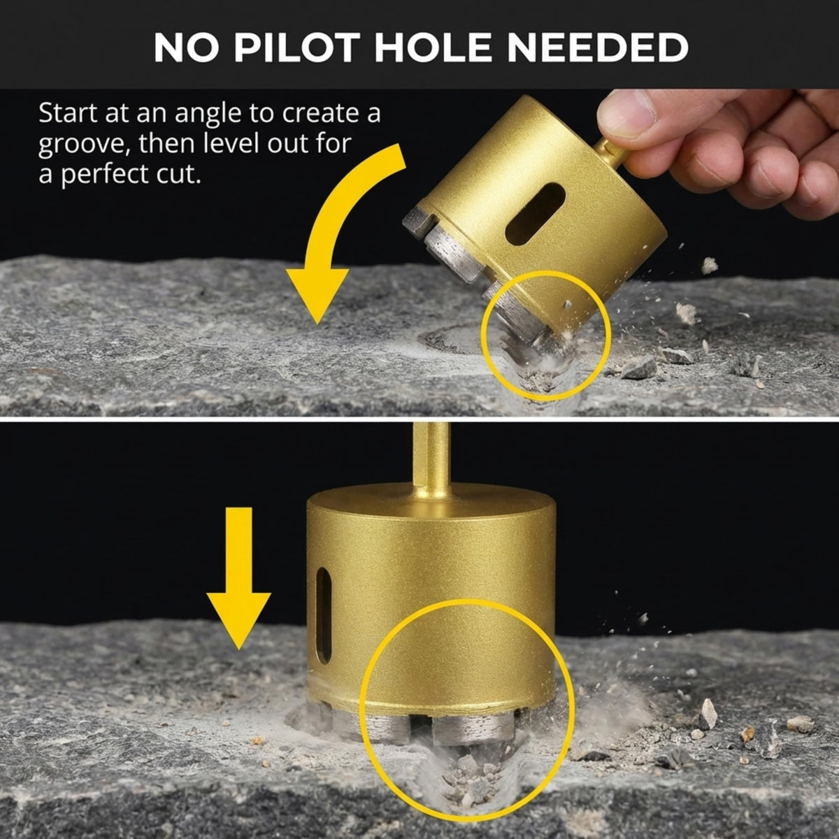 No pilot hole needed: start the 2 inch hole saw at an angle, then level out