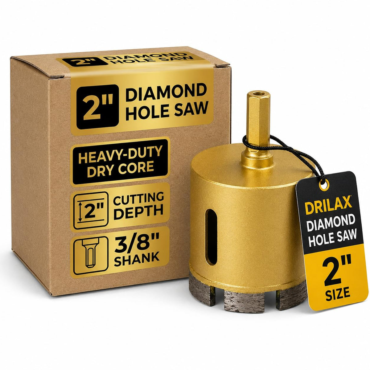 2 inch diamond masonry hole saw with box – heavy-duty dry core, 2 inch cutting depth, 3/8 inch shank