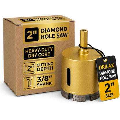 2 inch diamond masonry hole saw with box – heavy-duty dry core, 2 inch cutting depth, 3/8 inch shank