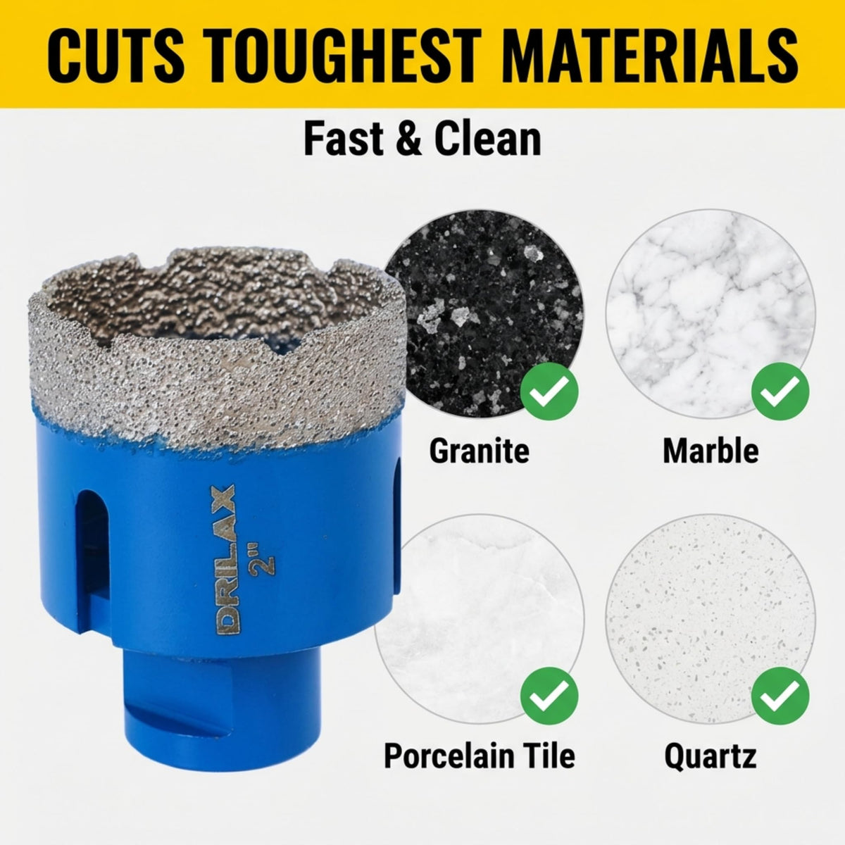 Cuts granite, marble, porcelain tile and quartz