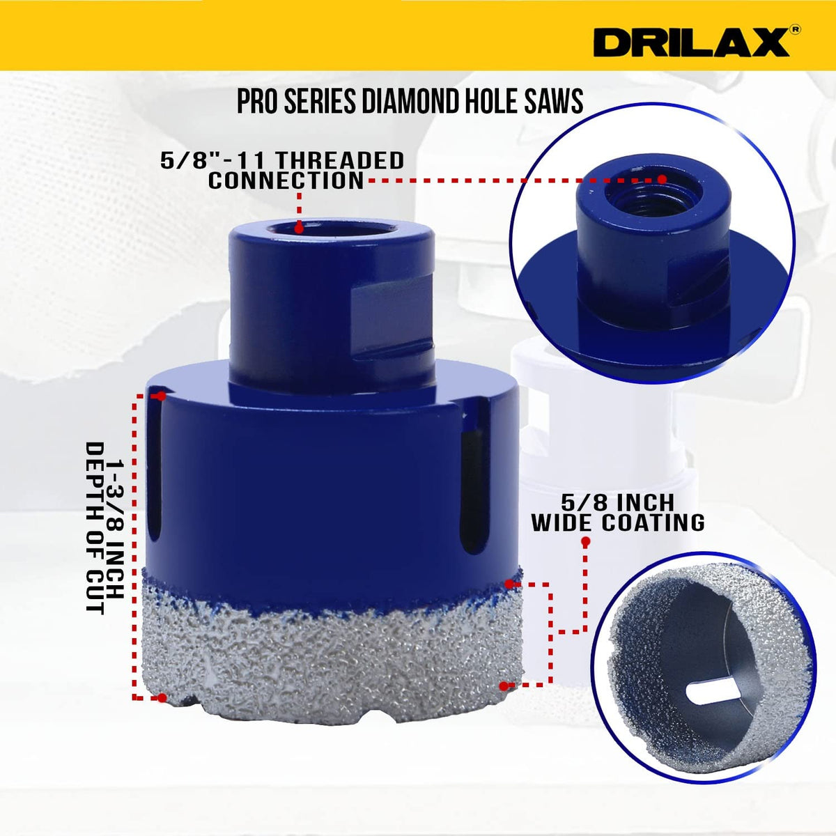 5/8"-11 threaded connection, 1-3/8 inch depth of cut, 5/8 inch wide diamond coating