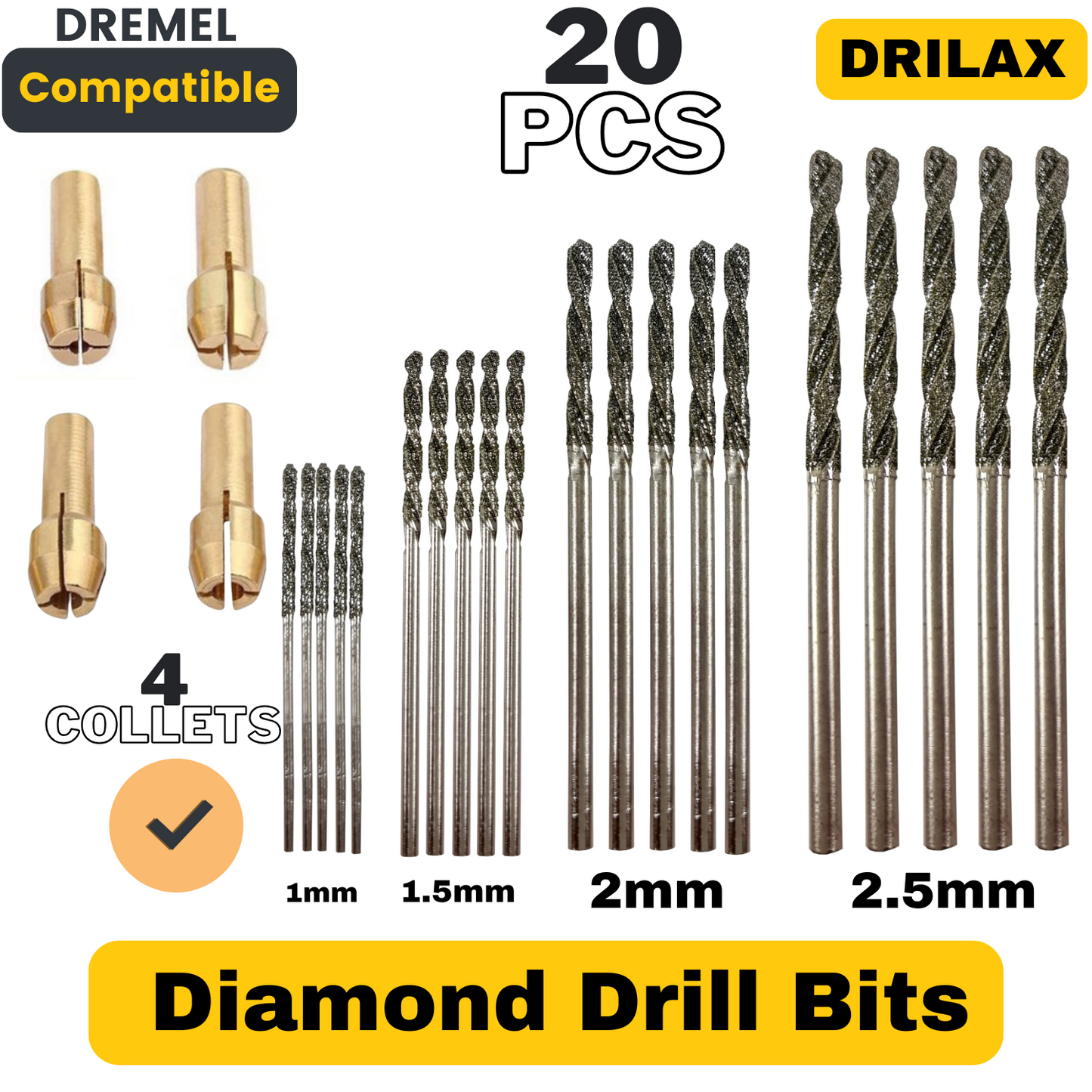 Drilax Diamond Drill Bits for Glass, Stones, Jewelry & Lapidary (1mm to 2.5 mm) 24 Pcs Set Collets Included