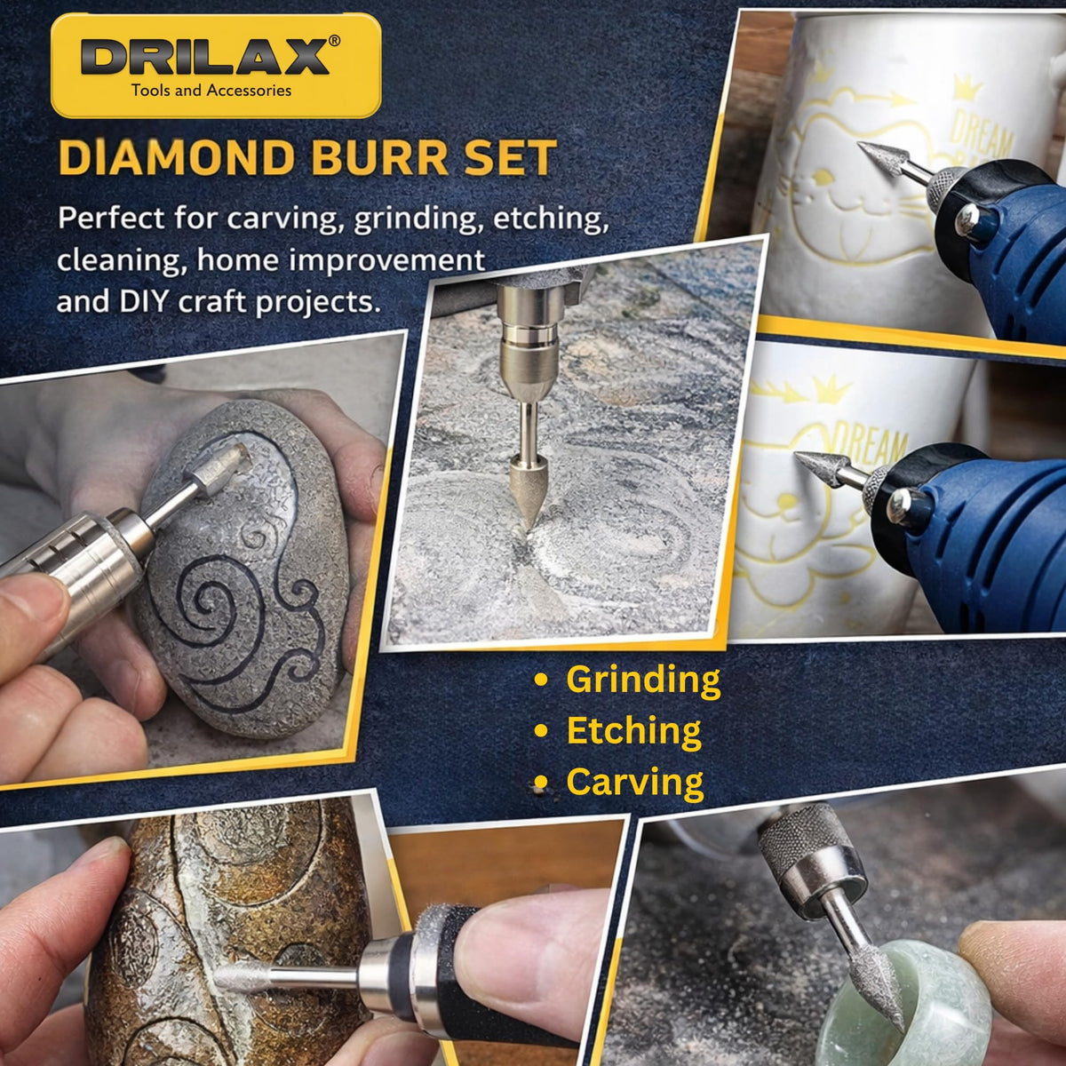 Diamond burr set for grinding, etching and carving