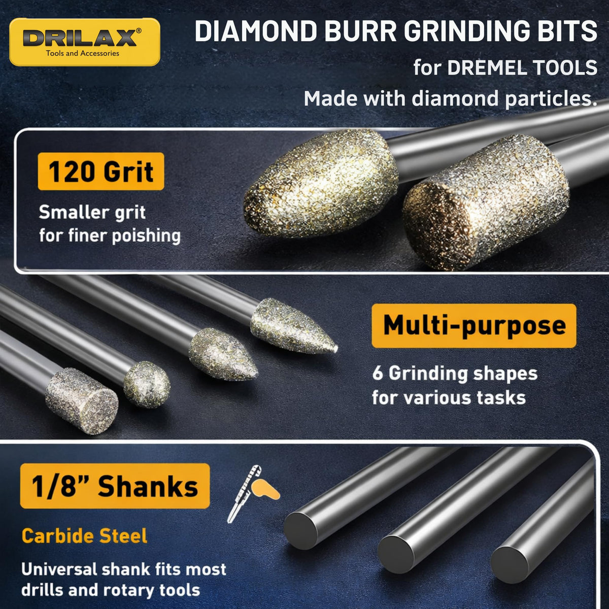 120 grit diamond burrs with 1/8 inch shanks