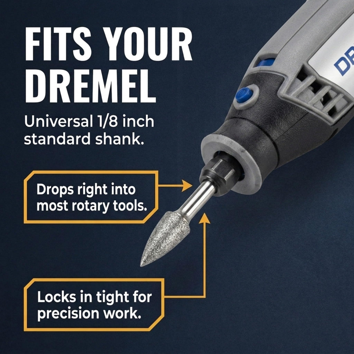 Universal 1/8 inch shank fits most rotary tools