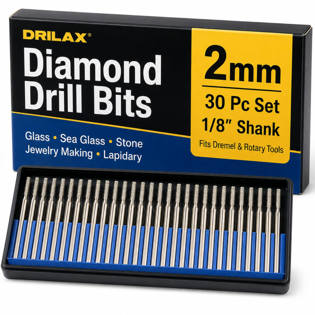 2mm diamond drill bits 30 pc – 2mm diamond drill bit set, 30 bits with 1/8 inch shank in organizer case with box