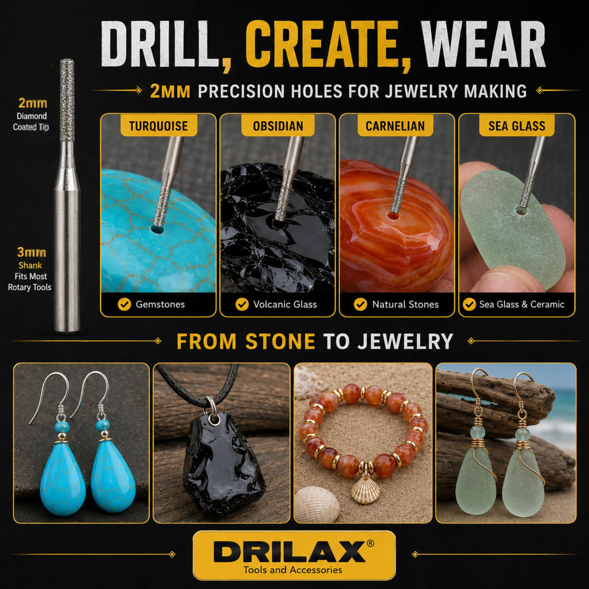 2mm diamond drill bits 30 pc – 2mm holes drilled in turquoise, obsidian, carnelian and sea glass made into jewelry