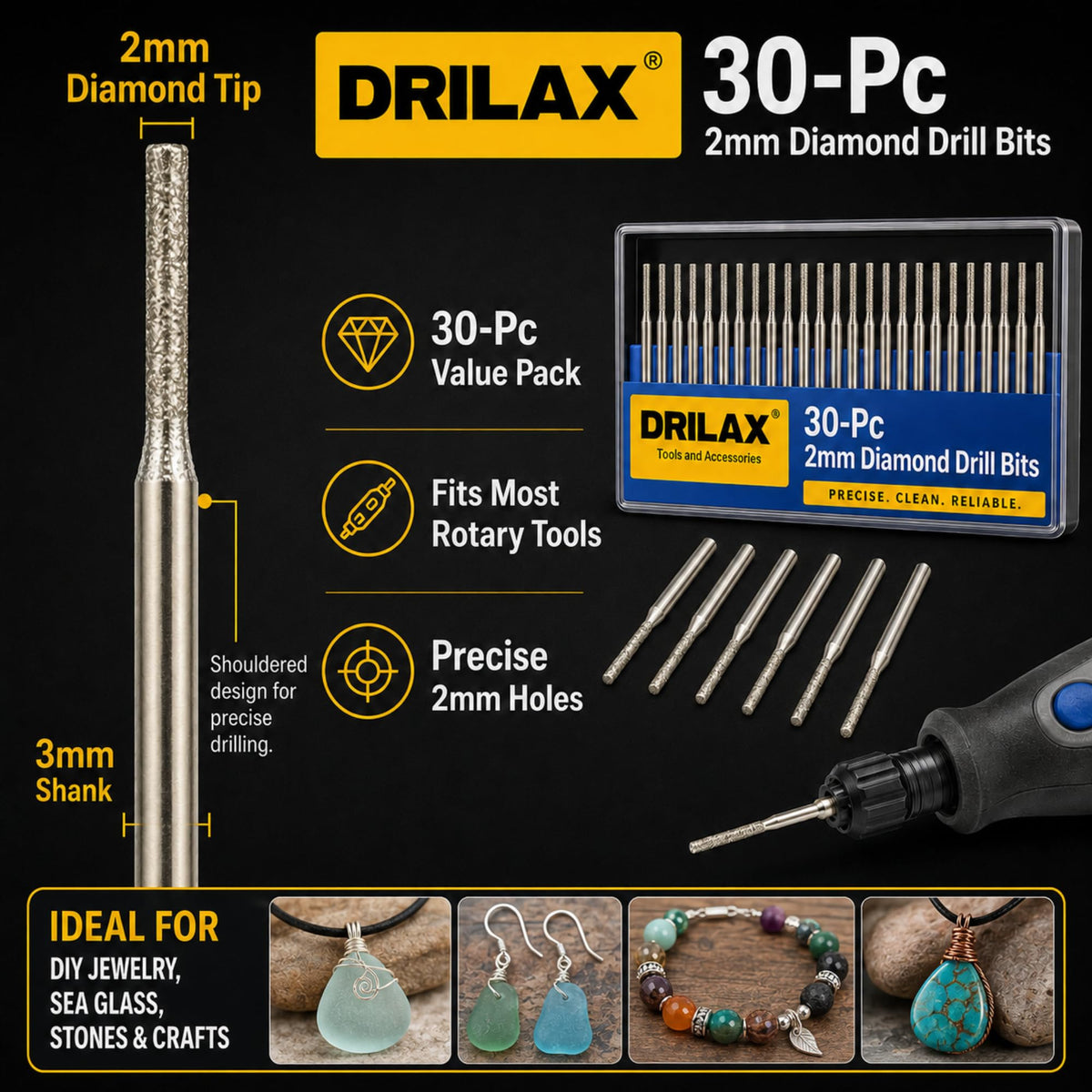 2mm diamond drill bits 30 pc – 2mm diamond tip, 30-piece value pack that fits most rotary tools