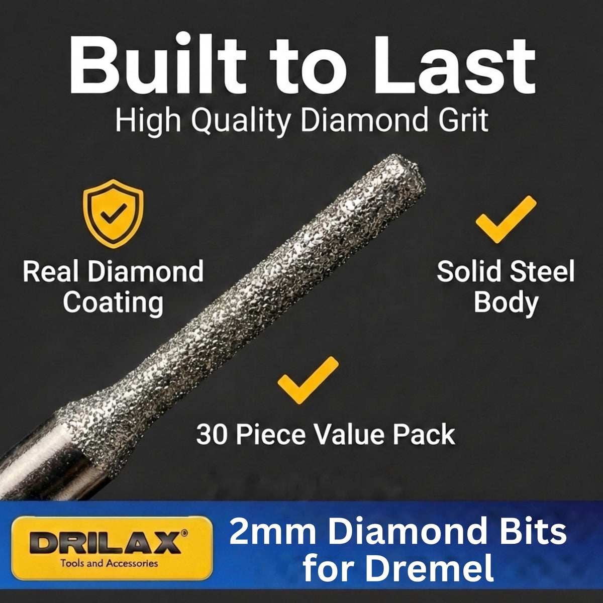 2mm diamond drill bits 30 pc – 2mm diamond bit with real diamond coating and solid steel body, 30-piece pack