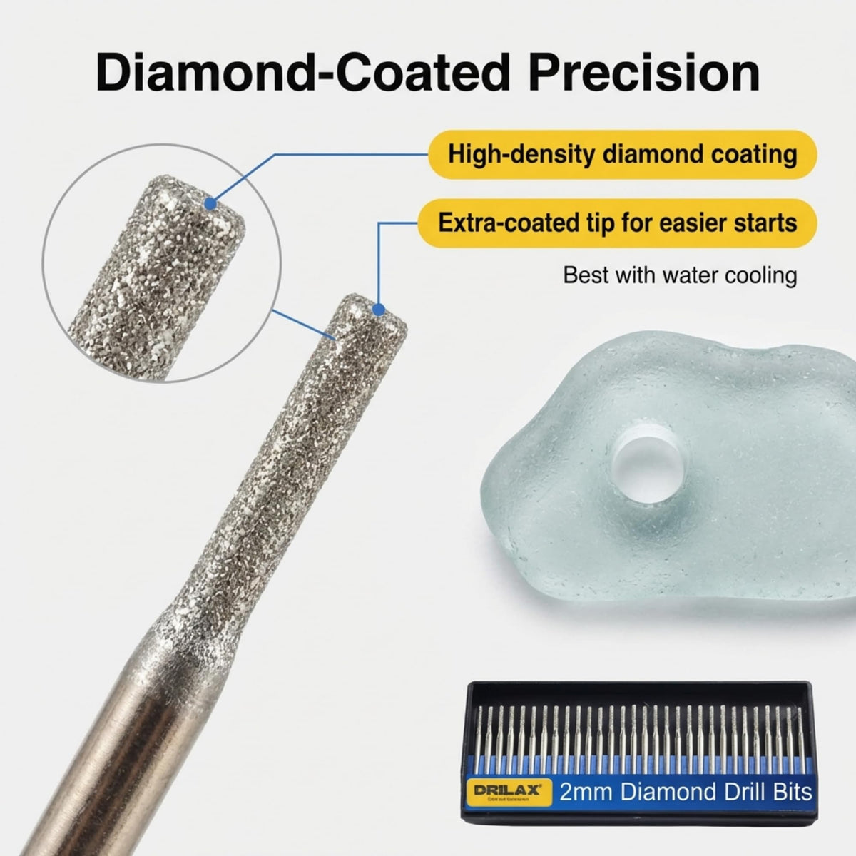 2mm diamond drill bits 30 pc – High-density diamond coating with extra-coated tip, best with water cooling