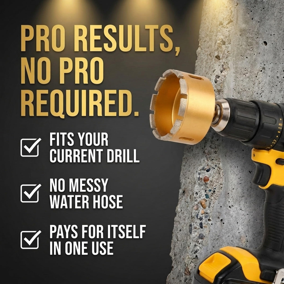 3-1/2 inch core bit in a cordless drill on a concrete wall – no water hose needed