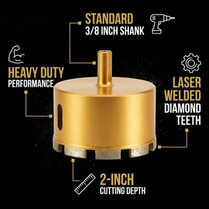 3-1/2 inch hole saw features: 3/8 inch shank, laser welded diamond teeth, 2 inch cutting depth