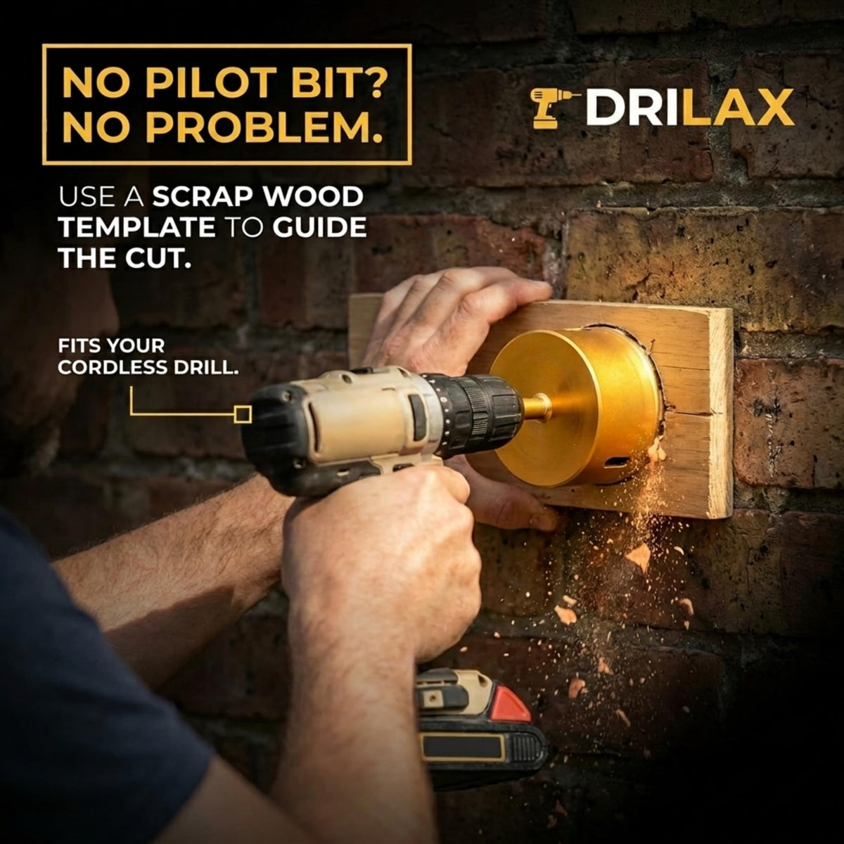 Using a scrap wood template to guide a 3-1/2 inch hole saw on a brick wall