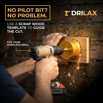 Using a scrap wood template to guide a 3-1/2 inch hole saw on a brick wall