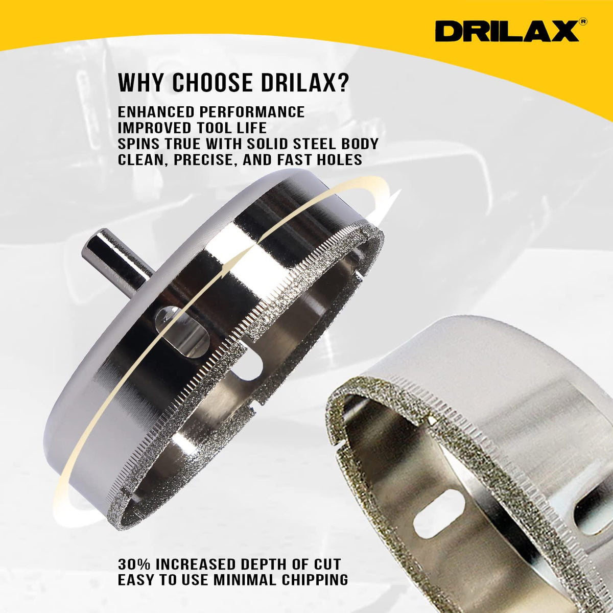 Solid steel body spins true; 30% increased depth of cut